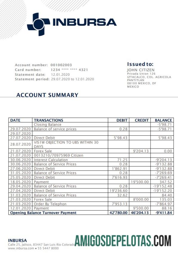 Modelo de extrato bancário do México Inbursa para impressão em formato Word e PDF, bom para comprovar endereço